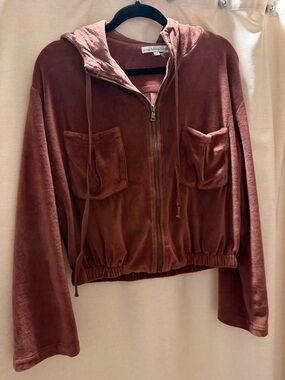 Young Fabulous & Broke Velvet Zip Hoodie in Rust Brown